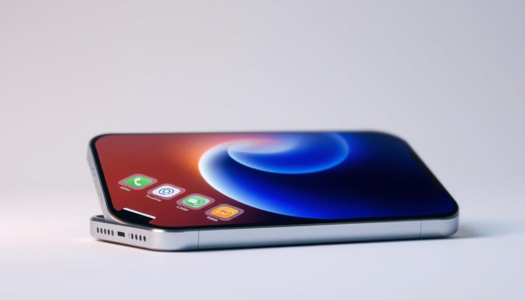 A highly detailed, photorealistic image of the iOS interface displayed on the latest Apple iPhone 16. The phone is shown in a sleek, silver metallic finish with a large, edge-to-edge OLED display. The iOS home screen is prominently featured, showcasing the clean, minimalist design with colorful app icons neatly arranged. The interface appears to be running the latest version of iOS, with subtle depth and lighting effects that give it a sense of depth and dimensionality. The phone is set against a soft, blurred background, allowing the screen to be the focal point. Subtle reflections and highlights on the phone's surface add to the premium, high-quality aesthetic. The overall mood is one of sophistication, technology, and Apple's signature design sensibilities.