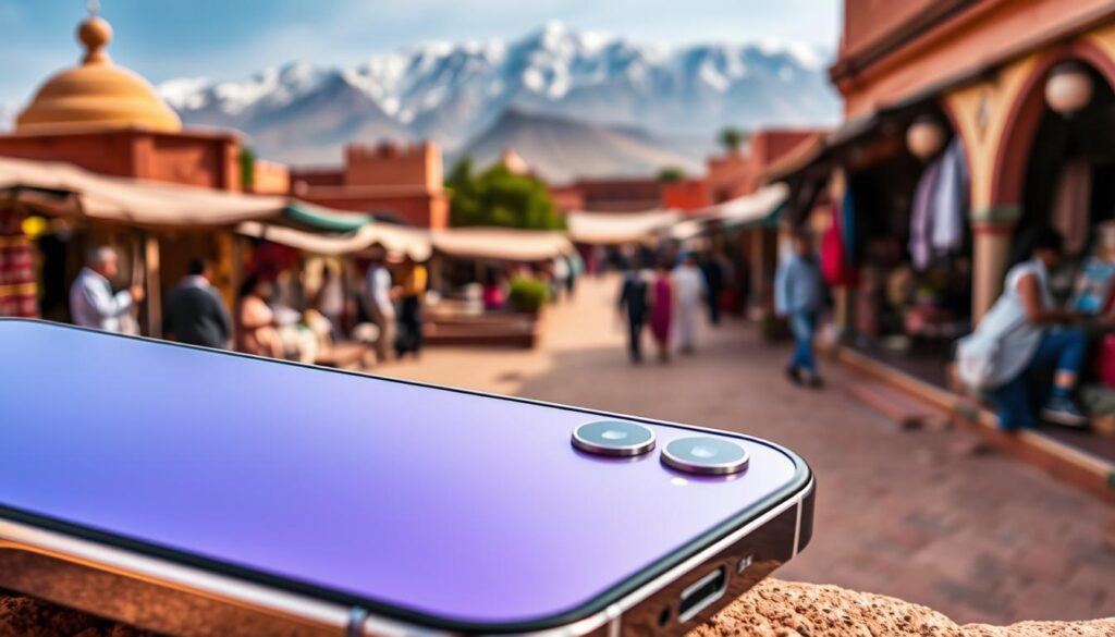 A sleek and modern iPhone 16 device prominently displayed against a backdrop of the Moroccan landscape. The phone's screen showcases its impressive specifications, casting a soft glow on the surrounding environment. In the foreground, the device's metallic frame and vibrant color options are meticulously detailed, highlighting its premium design. The mid-ground features a traditional Moroccan marketplace, with vendors and shoppers providing a lively cultural context. The background depicts the iconic Atlas Mountains, their snow-capped peaks creating a serene and majestic atmosphere. The overall composition conveys the integration of cutting-edge technology and traditional Moroccan culture, reflecting the iPhone 16's relevance and appeal within the Moroccan market.